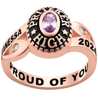 Ladies' Rose Gold Over Celebrium CZ Scroll Bypass Birthstone Class Ring