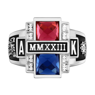 Ladies' Silver Plated Double Birthstone & CZ Rectangle Class Ring