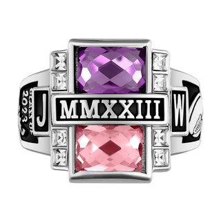 Men's Sterling Silver Double Birthstone & CZ Rectangle Class Ring