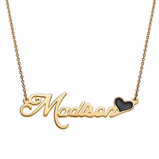 Script Name Plaque Necklace with Black Enamel Heart