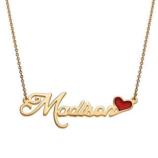 Script Name Plaque Necklace with Red Enamel Heart