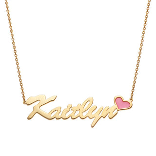 14K Gold Plated Script Name with Enamel Heart Necklace