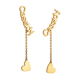 14K Gold over Sterling Name with Heart Charm Dangle Crawler Earrings