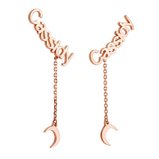 14K Rose Gold over Sterling Name with Moon Charm Dangle Crawler Earrings