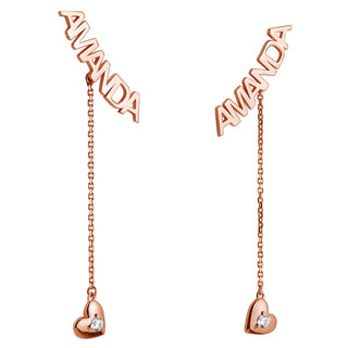 14K Rose Gold over Sterling Name with Birthstone Heart Dangle Crawler Earrings