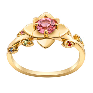 14K Gold Plated Family Flower and Leaves Birthstone Ring