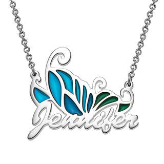 Petite Script Name Necklace with Multicolor Blue Enamel Butterfly