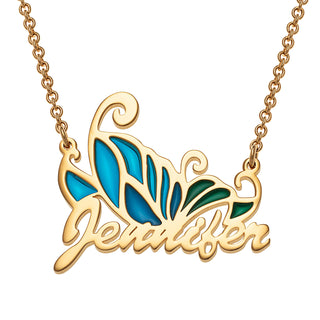 14K Gold Plated Petite Script Name Necklace with Multicolor Blue Enamel Butterfly