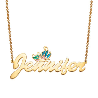 14K Gold Plated Script Name Necklace with Pink and Blue Enamel Butterfly