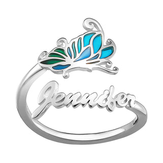 Silver Plated Script Name Bypass Ring with Multicolor Blue Enamel Butterfly