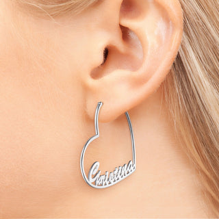 Silver Plated Personalized Script Nameplate Medium Heart Hoop Earrings