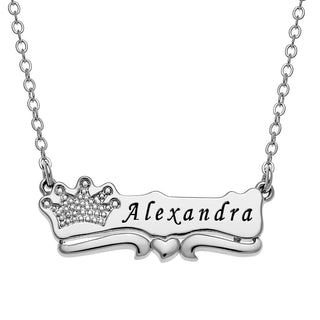 Engraved Name with Crown Plaque Necklace