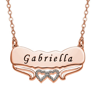 Two Tone Engraved Name with Double Hearts Plaque Necklace