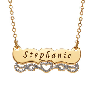 Two Tone Engraved Name with Heart Scroll Plaque Necklace