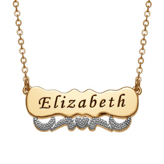 Two Tone Engraved Name with Heart Scroll Plaque Necklace