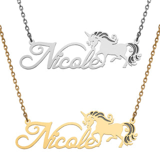 Stainless Steel Fancy Script Name with Unicorn Necklace