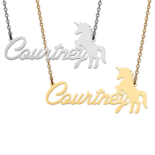 Stainless Steel Script Name with Unicorn Necklace