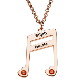 14K Rose Gold Plated Sixteenth Note Couple Name and Heart Birthstone Necklace