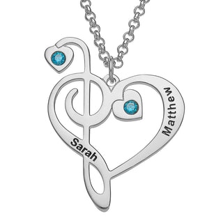 Silver Plated Treble and Bass Clef Couple's Name and Birthstone Necklace