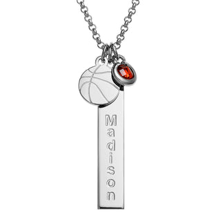 Silver Plated Name Necklace with Basketball Charm and Birthstone Dangle