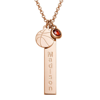 14K Rose Gold Plated Name Necklace with Basketball Charm and Birthstone Dangle