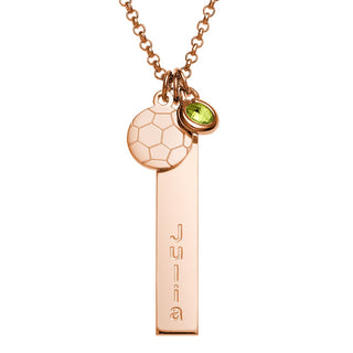 14K Rose Gold Plated Name Necklace with Soccer Ball Charm and Birthstone Dangle