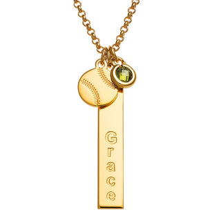 14K Gold Plated Name Necklace with Baseball Charm and Birthstone Dangle