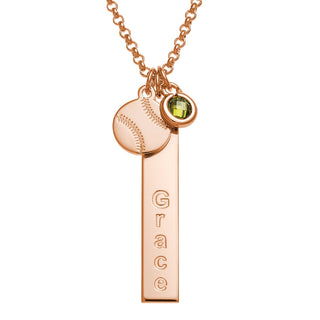 14K Rose Gold Plated Name Necklace with Baseball Charm and Birthstone Dangle