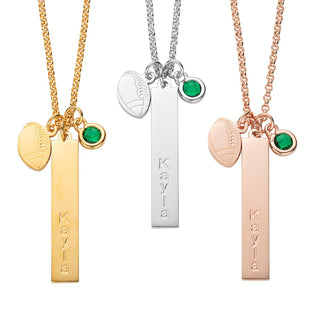 14K Rose Gold Plated Name Necklace with Football Charm and Birthstone Dangle