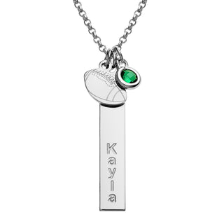 Silver Plated Name Necklace with Football Charm and Birthstone Dangle