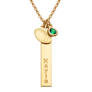 14K Gold Plated Name Necklace with Football Charm and Birthstone Dangle