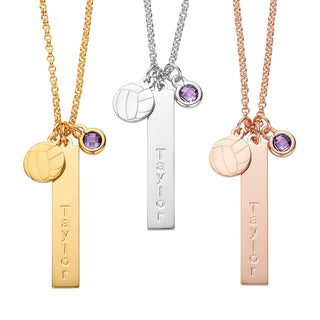 14K Gold Plated Name Necklace with Volleyball Charm and Birthstone Dangle