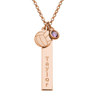 14K Rose Gold Plated Name Necklace with Volleyball Charm and Birthstone Dangle