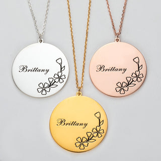 Silver Plated Engraved Name and Birth Flower Necklace