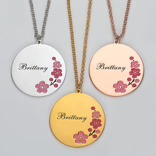 Silver Plated Engraved Name and Enamel Birth Flower Necklace