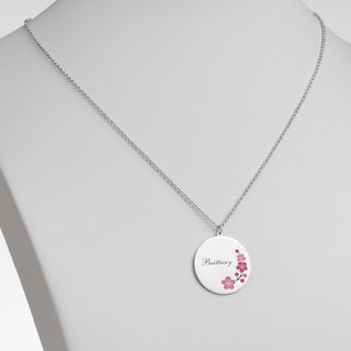 Silver Plated Engraved Name and Enamel Birth Flower Necklace