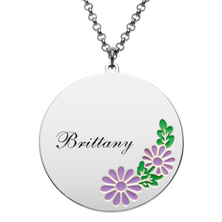 Silver Plated Engraved Name and Enamel Birth Flower Necklace