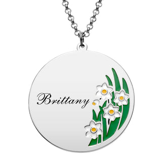 Silver Plated Engraved Name and Enamel Birth Flower Necklace