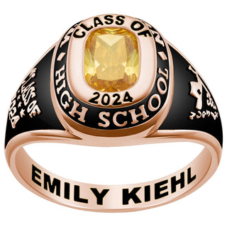 Ladies' 14K Rose Gold over Sterling Traditional Cushion Birthstone Class Ring