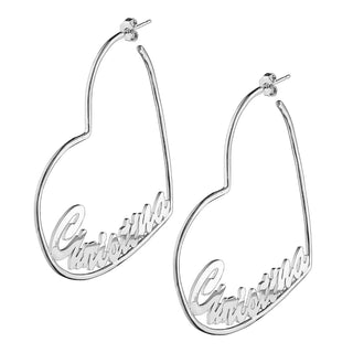 Silver Plated Personalized Script Nameplate Large Heart Hoop Earrings