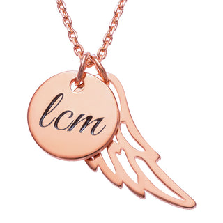 14K Rose Gold Plated Engraved Initials Disc with Angel Wing Necklace