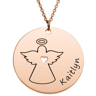 14K Rose Gold Plated Engraved Name with Angel Disc Necklace