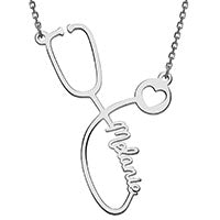 Silver Plated Script Name Stethoscope with Heart Necklace