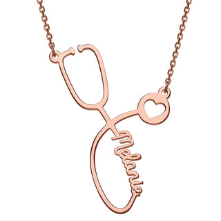 14k Rose Gold Plated Script Name Stethoscope with Heart Necklace