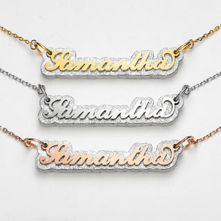 Stainless Steel Name on Silver Glittery Plaque Necklace