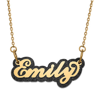 Stainless Steel Name On Glittery Black Plaque Necklace