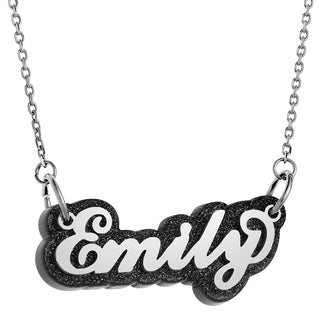 Stainless Steel Name On Glittery Black Plaque Necklace