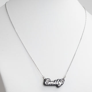 Stainless Steel Name On Glittery Black Plaque Necklace