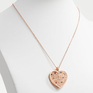 14K Rose Gold Plated 3D Family Filigree Heart Pendant