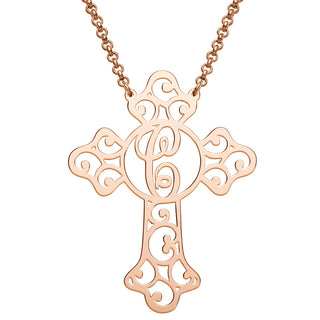 14K Rose Gold Plated Filigree Cross with Initial Necklace